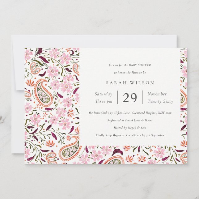 Carte De Remerciements Pink Green Floral Paisley Motif Baby shower Invita (Devant)