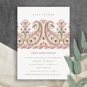 Carte De Remerciements Pink Green Floral Paisley Motif Baby shower Invita
