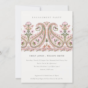 Carte De Remerciements Pink Green Floral Paisley Motif Fiançailles Invita