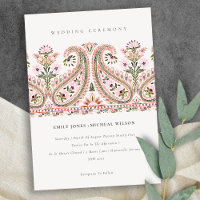 Pink Green Floral Paisley Motif Mariage Inviter