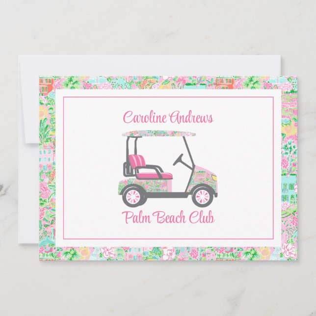 Carte De Remerciements Pink & Green Palm Beach Golf Cart Personalized (Devant)