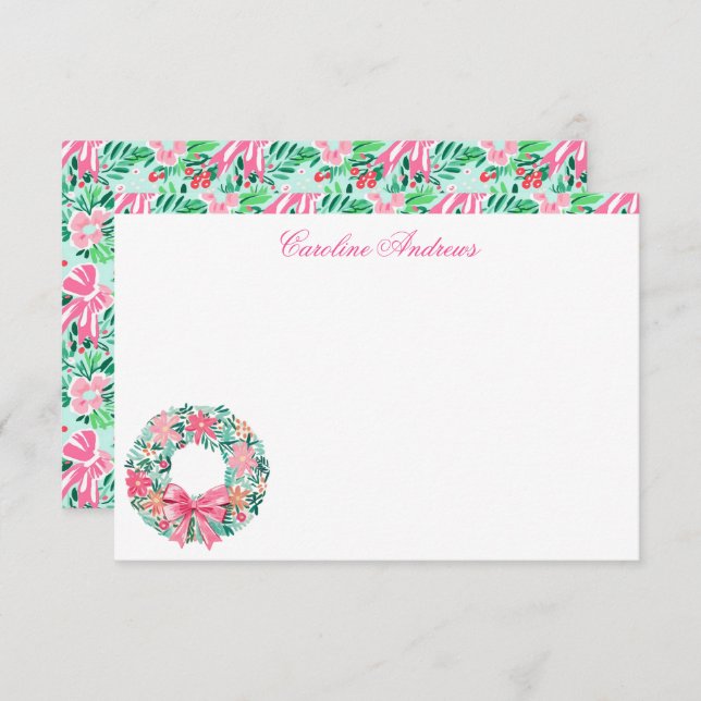Carte De Remerciements Pink & Green Palm Beach Wreath Preppy (Devant / Derrière)
