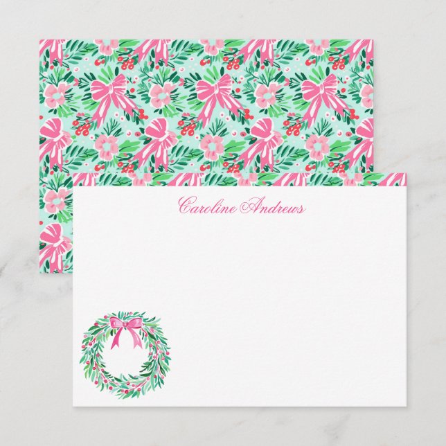 Carte De Remerciements Pink & Green Palm Beach Wreath Preppy (Devant / Derrière)