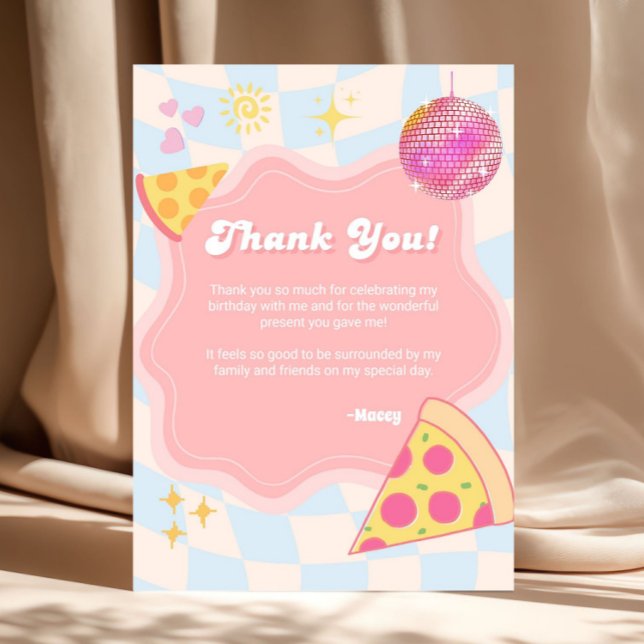 Carte De Remerciements Pink Groovy Pizza Party Thank You Card (pizza birthday thank you card, pizza party thank you card, retro birthday thank you card, groovy bir)