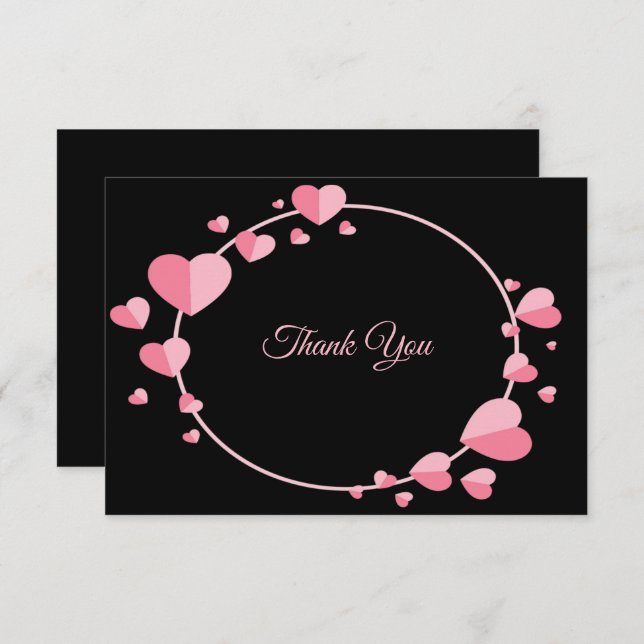 Carte De Remerciements Pink Heart Pattern Black Geometric Wedding (Devant / Derrière)