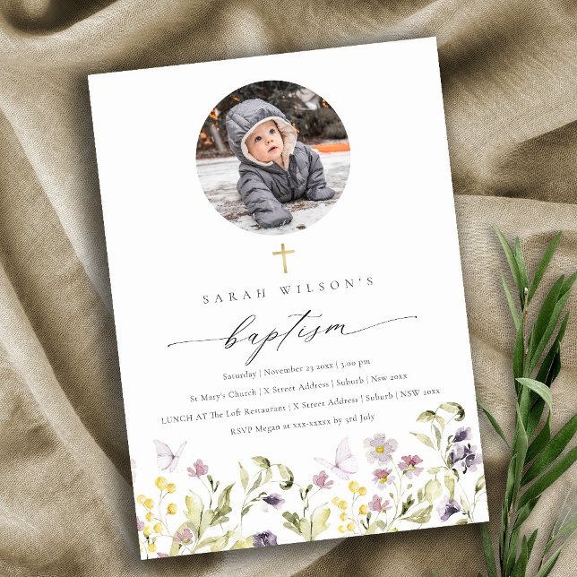 Carte De Remerciements Pink Meadow Floral Butterfly Photo Baptism Invitat (Créateur téléchargé)