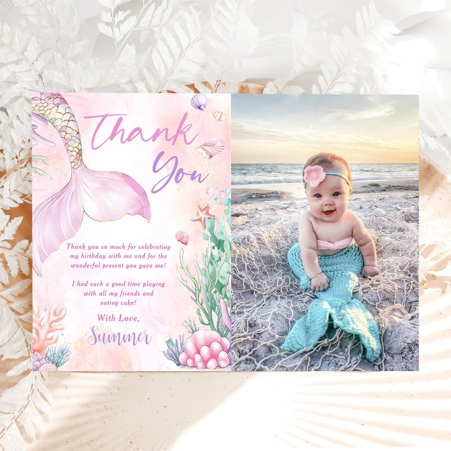 Carte De Remerciements Pink Mermaid 1st Birthday Oneder The Sea Photo (Créateur téléchargé)