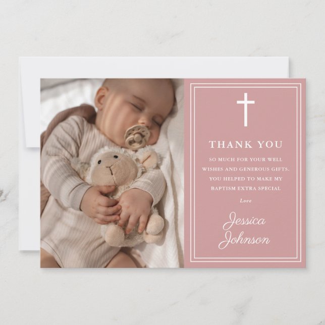 Carte De Remerciements Pink Modern Photo Baptism Christening (Devant)