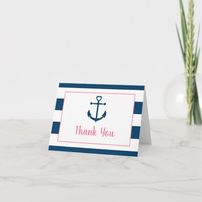 Carte De Remerciements Pink Navy Girl Nautical Anchor Baby Shower (Devant)