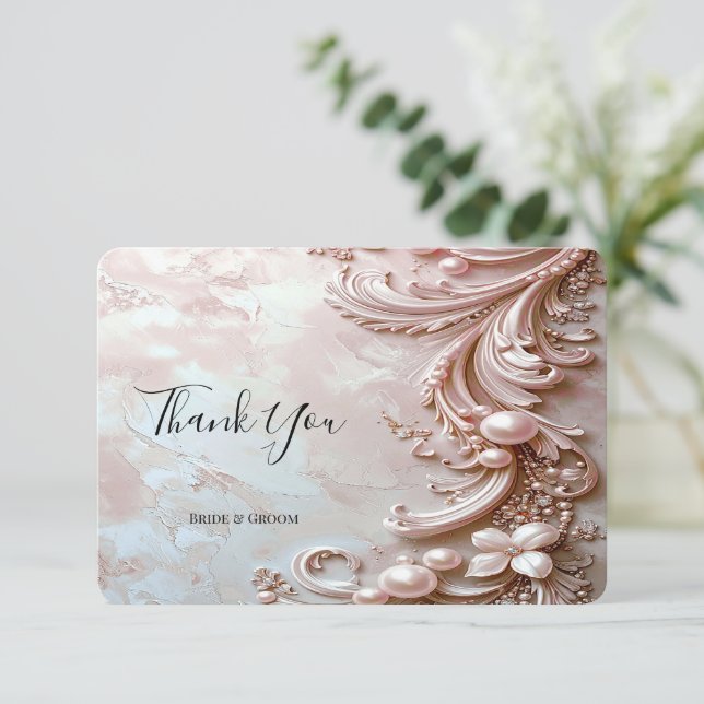 Carte De Remerciements Pink Ornate Pearl and Floral Thank You Card (Debout devant)