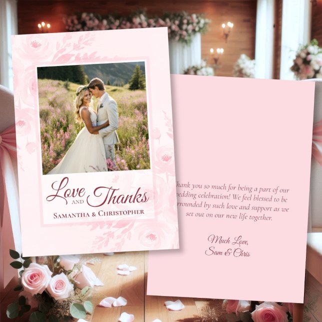 Carte De Remerciements Pink Peonies Love & Thanks Photo & Note Wedding (Front/Back)