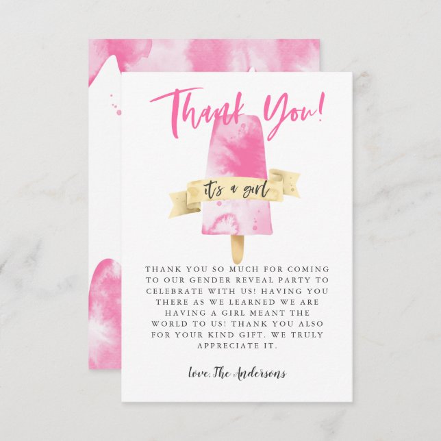 Carte De Remerciements Pink Popsicle Girl Gender Revevela Party (Devant / Derrière)
