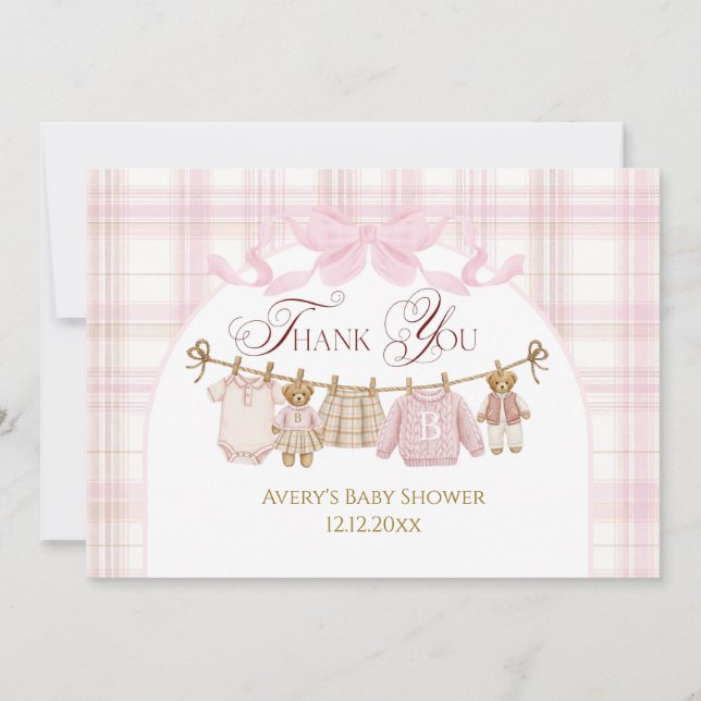 Carte De Remerciements Pink Preppy Teddy Bear Girl Baby Shower Plaid Bow (Devant)
