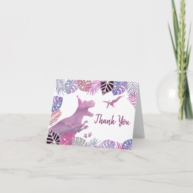 Carte De Remerciements Pink Purple Three Rex Girl Dinosaur Birthday (Devant)