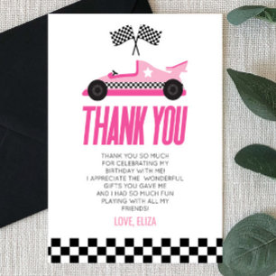 Carte De Remerciements Pink Racecar Race Car fête d'anniversaire
