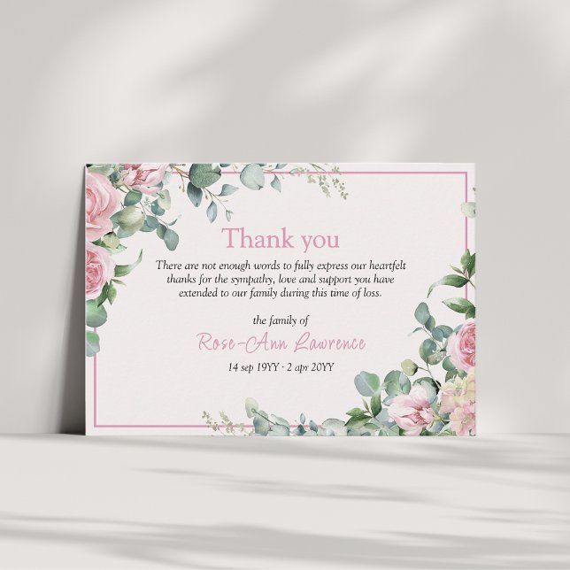 Carte De Remerciements Pink roses eucalyptus leaves floral frame funeral (pink roses border floral thank you funeral card)