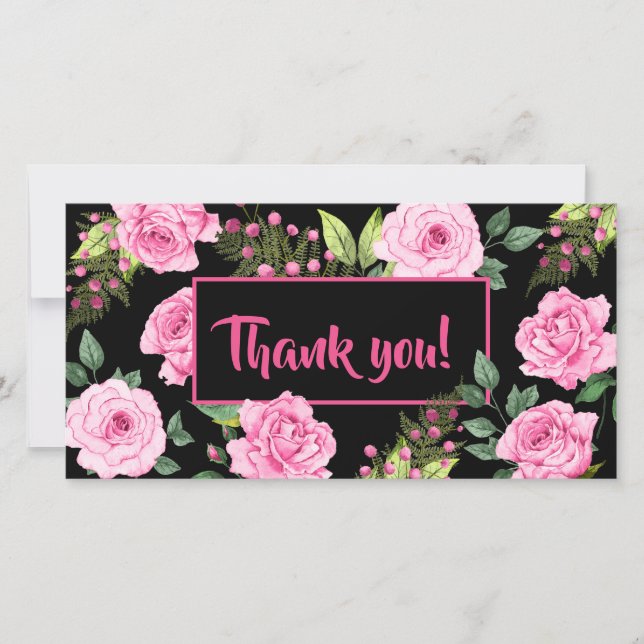 Carte De Remerciements Pink Roses on Black Bridal Shower (Devant)