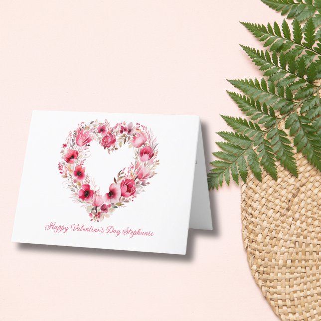 Carte De Remerciements Pink Rouge Floral Coeur personnalisé Saint Valenti (Floral Pink Red Heart Valentine's Day Card. Personalize your message)