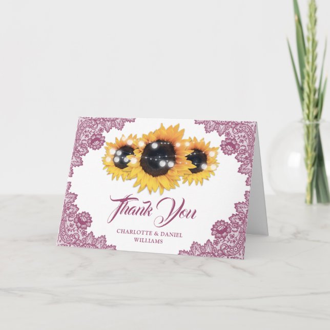 Carte De Remerciements Pink Rustic Floral Lace Sunflower Wedding (Devant)
