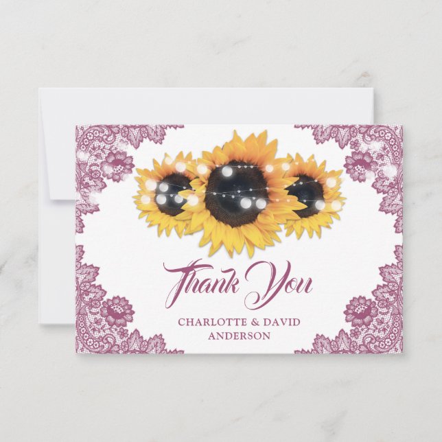 Carte De Remerciements Pink Rustic Floral Lace Sunflower Wedding (Devant)