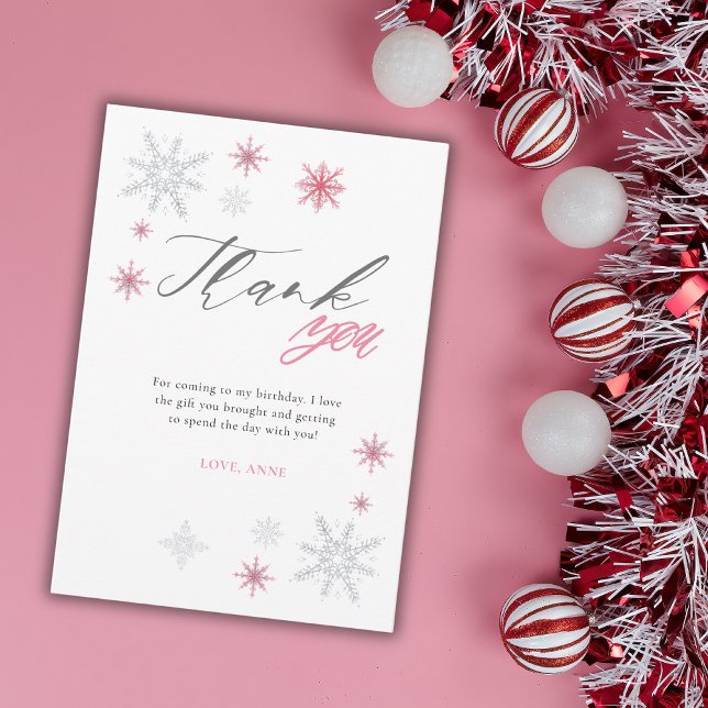 Carte De Remerciements Pink Silver Glitter Snowflakes 1st Birthday Party  (Créateur téléchargé)