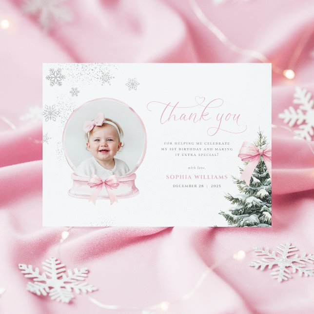 Carte De Remerciements Pink Snowglobe Winter Onederland First Birthday Th (Créateur téléchargé)