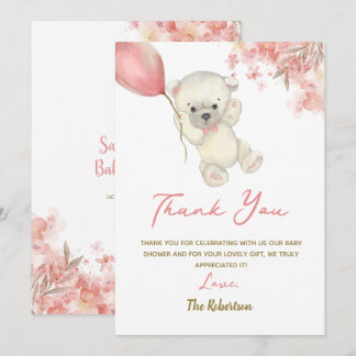 Carte De Remerciements Pink Teddy Bear Baby Shower | Floral Baby Girl