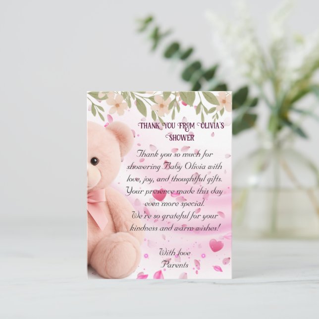 Carte De Remerciements Pink Teddy Bear Baby Shower Thank You Card. (Debout devant)