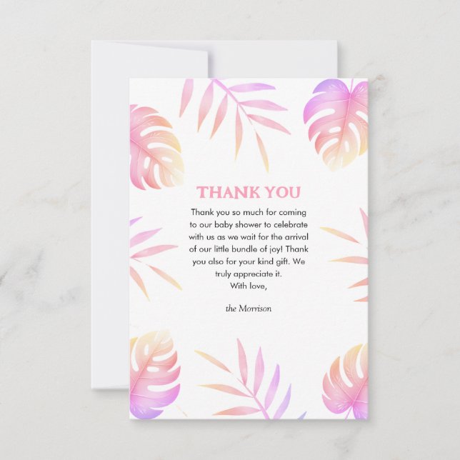 Carte De Remerciements Pink Tropical Leaves Baby Shower Thank You Cards (Devant)