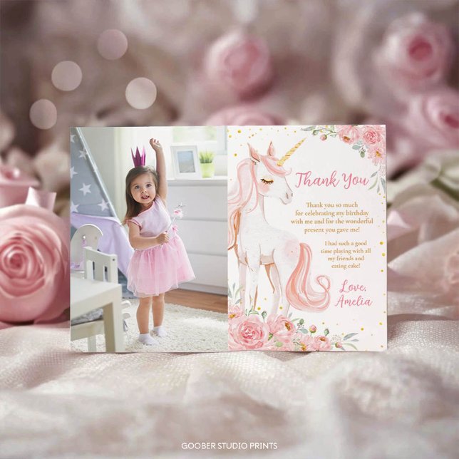 Carte De Remerciements Pink Unicorn Floral Birthday Party Photo (Créateur téléchargé)