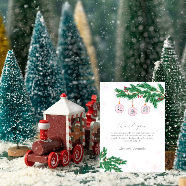 Carte De Remerciements Pink Winter Clothesline Ornaments Baby Shower  (Pink Winter Clothesline Ornaments Baby Shower Thank You Card)