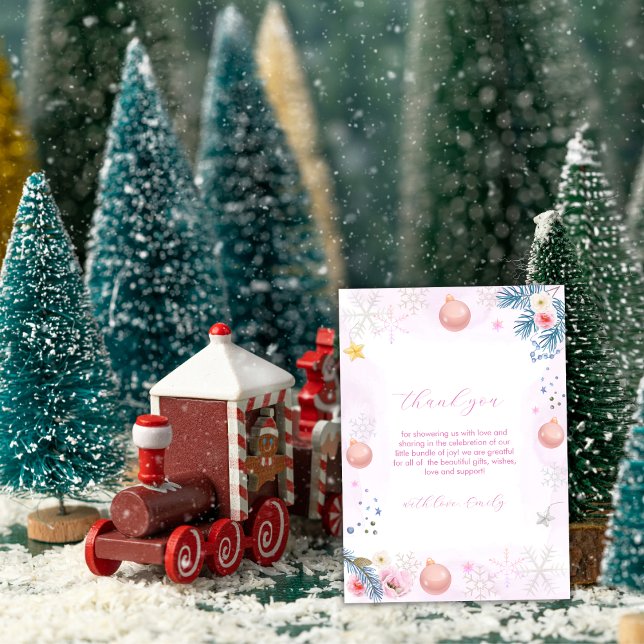 Carte De Remerciements Pink Winter Snowflake Floral Baby Shower  (Pink Winter Snowflake Floral Baby Shower Thank You Card)