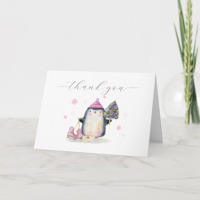 Carte De Remerciements Pink Winter Woodland Skate Penguin Baby Shower  (Devant)