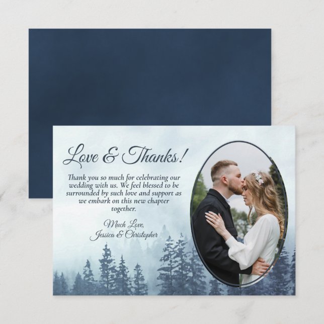 Carte De Remerciements Pins de Montagne Bleu Arbres Mariage rustique Phot (Devant / Derrière)