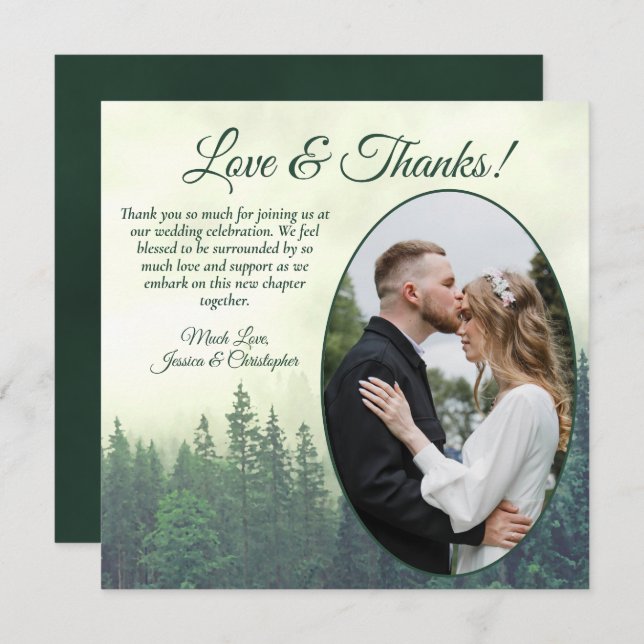 Carte De Remerciements Pins vert Foggy Arbres Mariage rustique Oval Photo (Devant / Derrière)