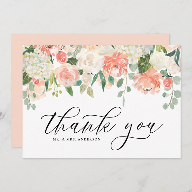 Carte De Remerciements Pivoine et Hydrangea à l'aquarelle ivoire et pêche (Devant / Derrière)