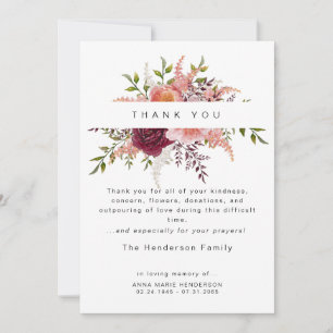 Carte De Remerciements Pivoines Roses Floral Deuil Remerciements Funérail