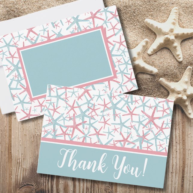 Carte De Remerciements Plage d'aquarelle côtière (Cute Typography Coastal Watercolor Starfish Beach Thank You Card)