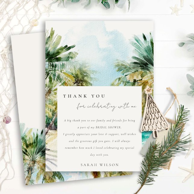 Carte De Remerciements Plage tropicale aquarelle palmiers Shower de maria (Créateur téléchargé)