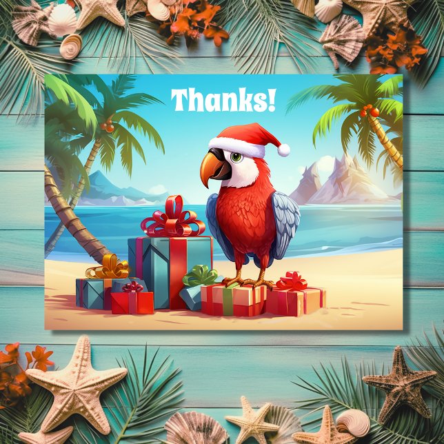 Carte De Remerciements Plage tropicale de Perroquet de Père Noël Noël (Front - Cute Santa Parrot Tropical Beach Christmas Thank You Card)