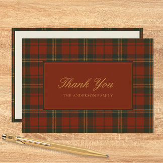 Carte De Remerciements Plaid de Noël Vintage Nom de Famille Classique Pla