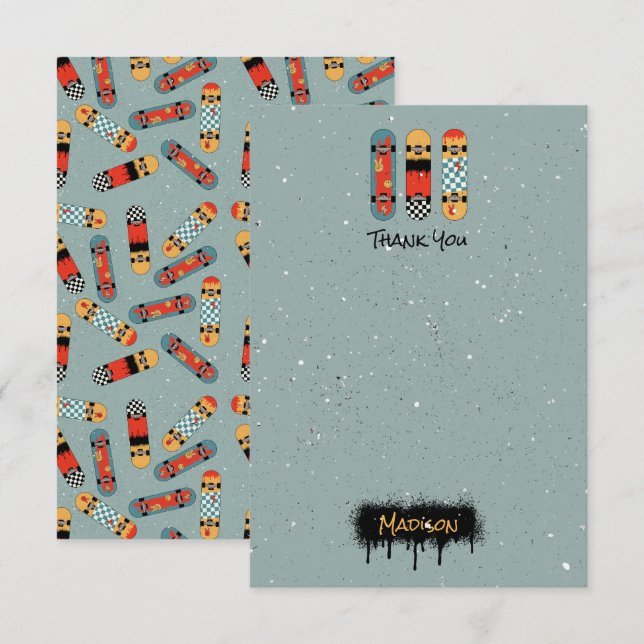 Carte De Remerciements Planche à roulettes Rétro Bleue Nom Personnalisé E (Devant / Derrière)