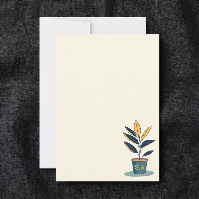 Carte De Remerciements Plante de la maison, initiales monographiques (Potted house plant, monogram initials thank you card.)