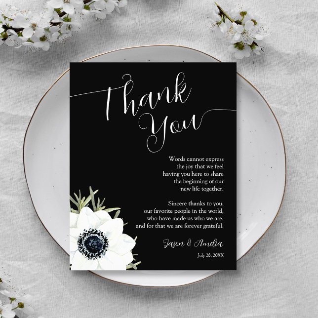 Carte De Remerciements Plaque de réception de mariage floral noir et blan (Black and White Floral Wedding Reception Plate Thank You Cards)