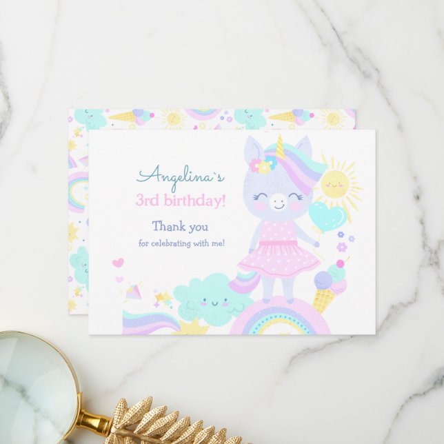 Carte de remerciements plat pour 3ème anniversaire (Devant/Arrière en situation)