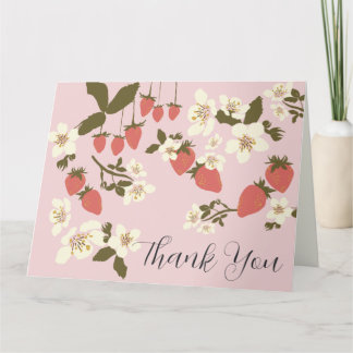 Carte de remerciements pliée aux fraises roses