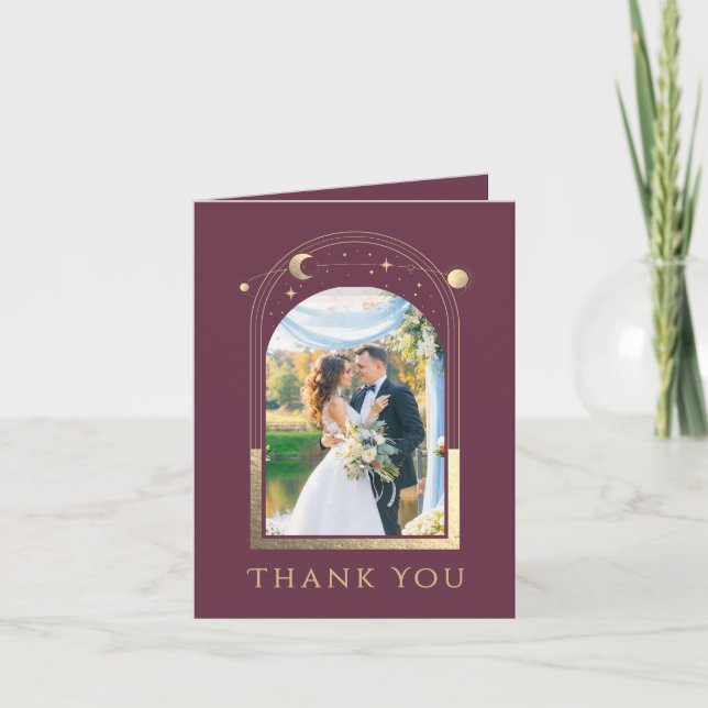 Carte De Remerciements Plum Gold Celestial Photo Wedding (Devant)