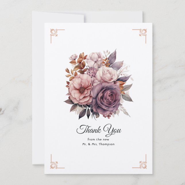 Carte De Remerciements Plum, Grey, cuivre et Dusty Rose Mariage floral (Devant)
