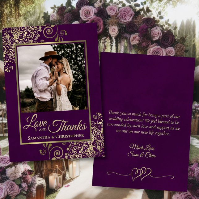 Carte De Remerciements Plum Purple & Gold Love Thanks Note Mariage Photo (Front/Back)