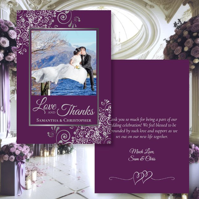 Carte De Remerciements Plum violet avec boucles d'argent Photo & Note Mar (Front/Back)
